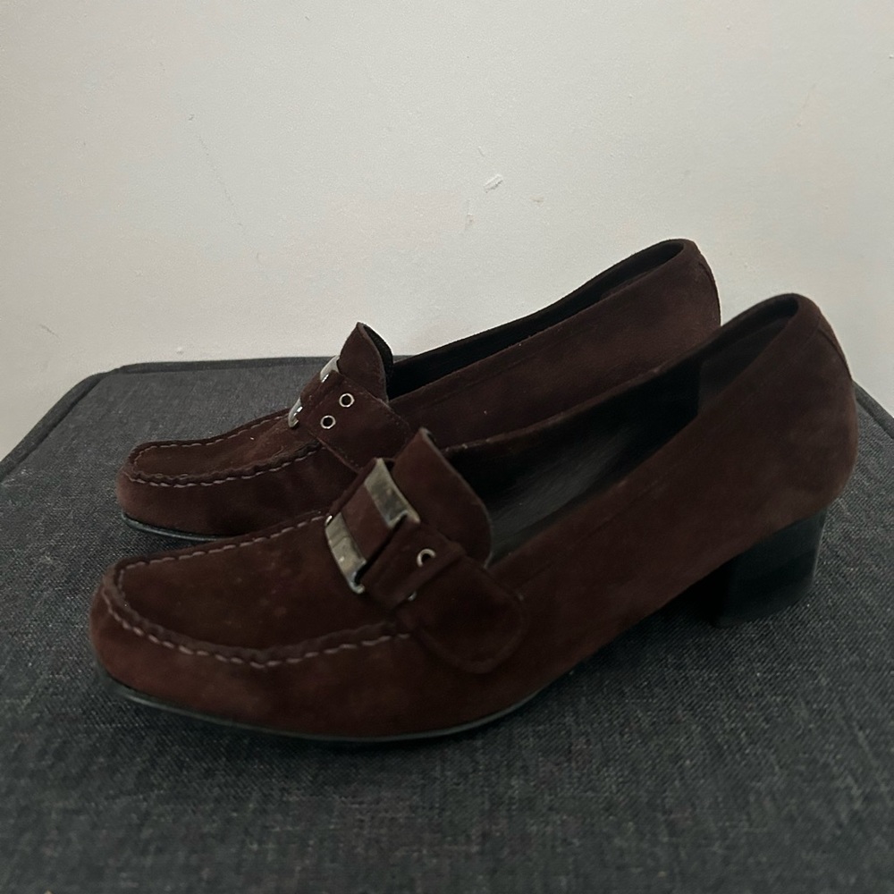 Stuart Weitzman Brown Suede Loafers with Buckle